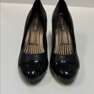 Easy Spirit Esraphael Black Cap-Toe Wedge Pump with Patent Toe